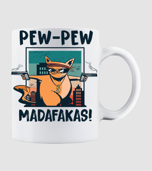 Pew Pew Pew Madafakas Pisică dark model alb pe tricou