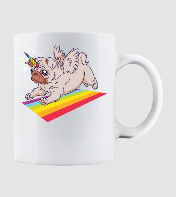 Pugicorn - mops unicorn model alb pe tricou