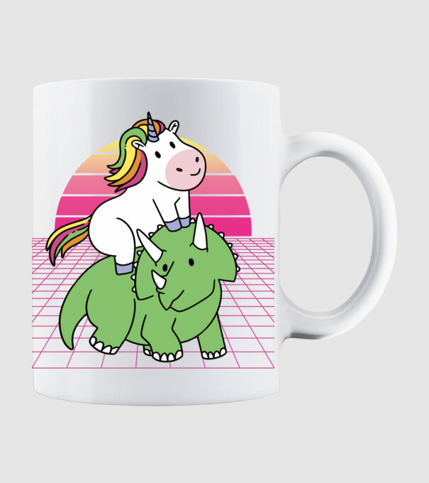 Unicorn pe dinozaur retro model alb pe tricou