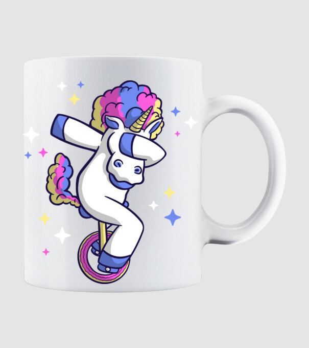 Unicorn pe monociclu model alb pe tricou