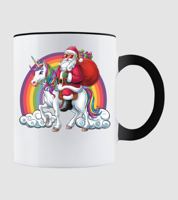 Moș Crăciun cool pe un unicorn 2 model negru pe tricou