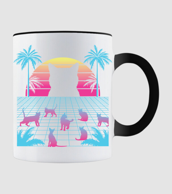 Pisică Vaporwave neon model negru pe tricou