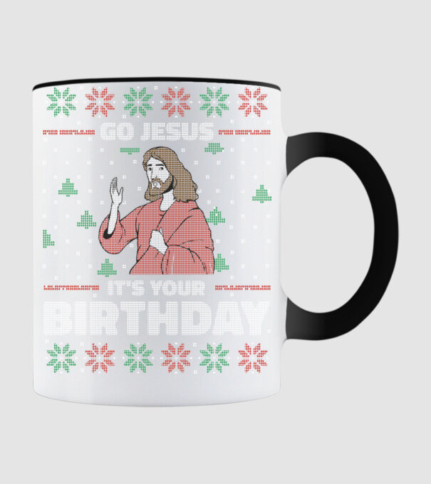 'Go Jesus, It''s Your Birthday Ugly Sweater' model negru pe tricou