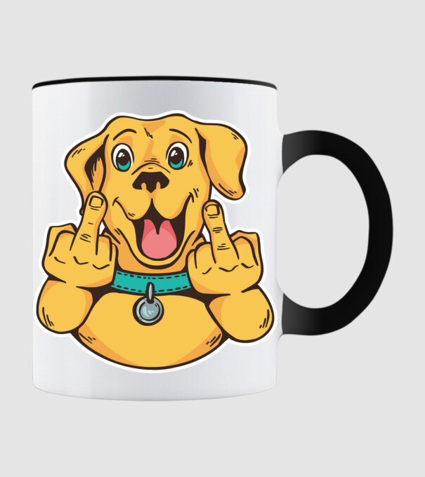 Golden Retriever arată degetul model negru pe tricou