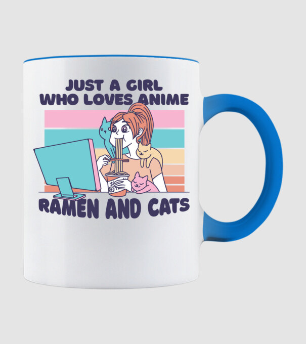 Doar o fată căreia îi place Anime, Ramen și pisicile model albastru deschis pe tricou