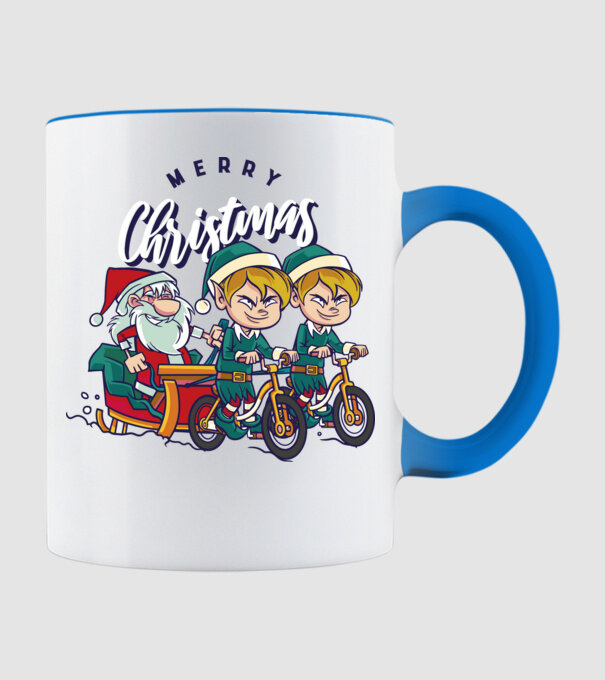 Merry Christmas Moș Crăciun cu sanie cu bicicletă model albastru deschis pe tricou