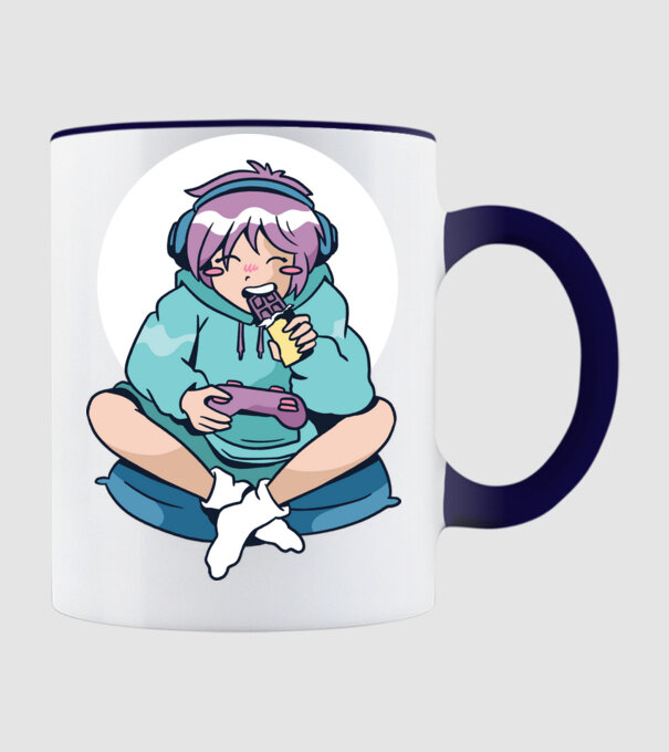 Anime Gamer Fată cu ciocolată model albastru închis pe tricou