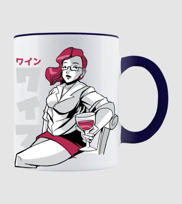 Anime fată cu vin model albastru închis pe tricou