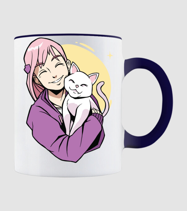 Anime fată cu pisică model albastru închis pe tricou