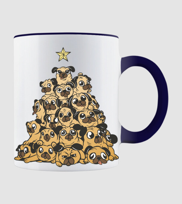 pom de Crăciun cu cățel (mops) model albastru închis pe tricou