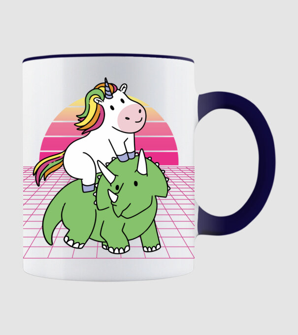 Unicorn pe dinozaur retro model albastru închis pe tricou