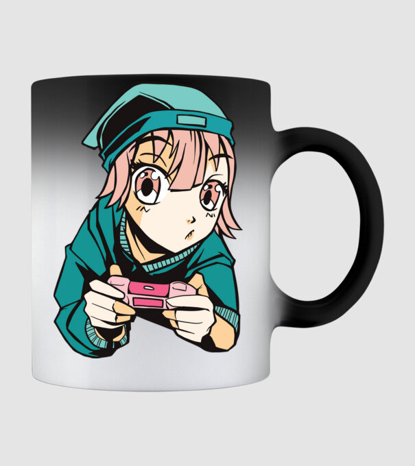 Anime fată Gamer model negru pe tricou