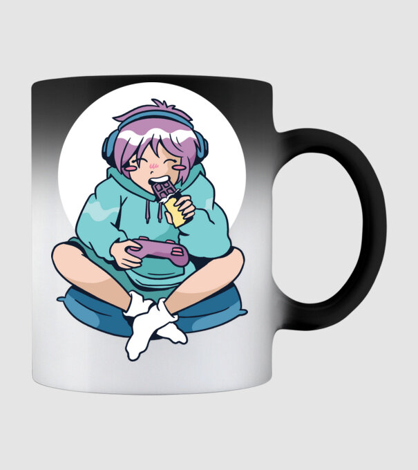 Anime Gamer Fată cu ciocolată model negru pe tricou