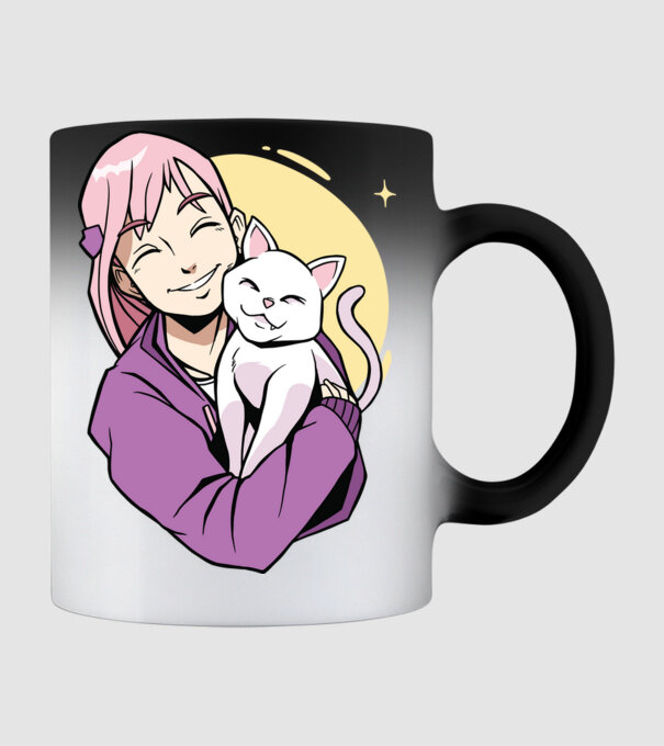 Anime fată cu pisică model negru pe tricou