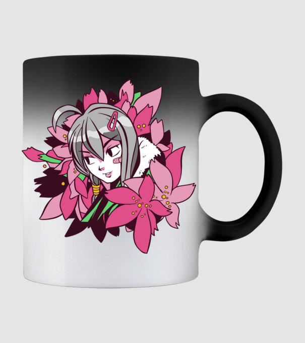 Anime fată printre flori model negru pe tricou