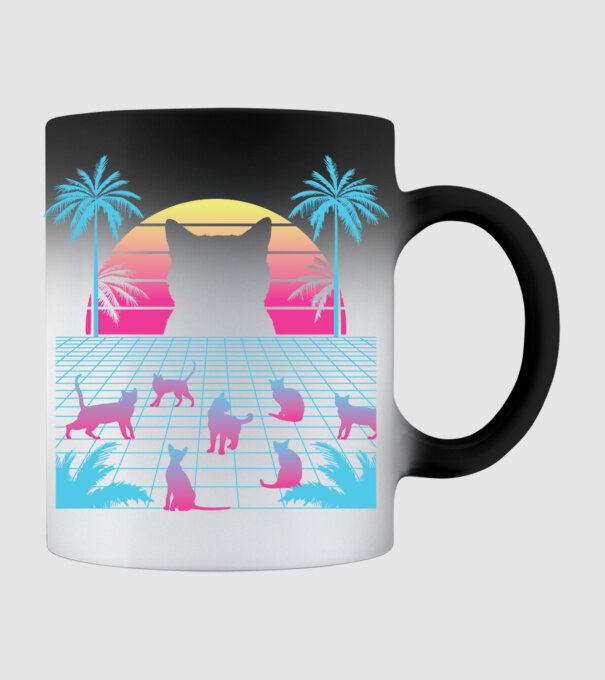 Pisică Vaporwave neon model negru pe tricou