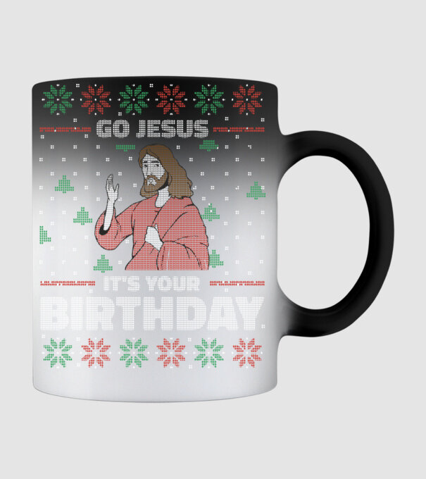 'Go Jesus, It''s Your Birthday Ugly Sweater' model negru pe tricou
