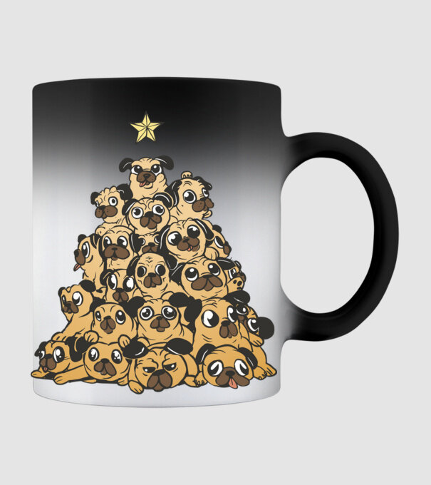 pom de Crăciun cu cățel (mops) model negru pe tricou