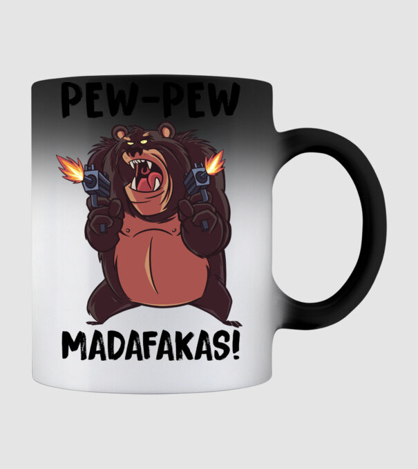 Pew Pew Pew Madafakas Urs alb model negru pe tricou