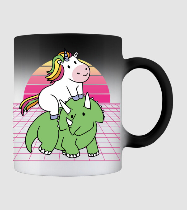 Unicorn pe dinozaur retro model negru pe tricou