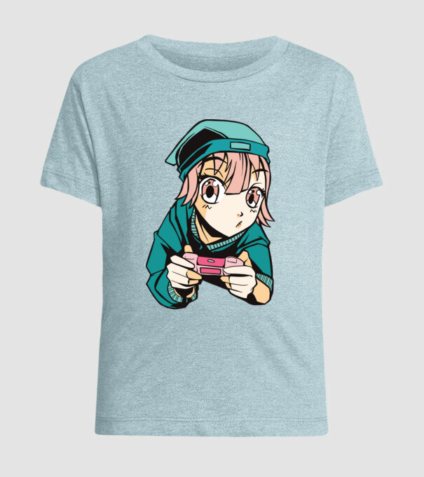 Anime fată Gamer model albastru deschis pe tricou