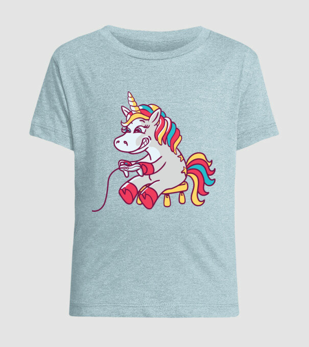 Gamer Unicorn model albastru deschis pe tricou