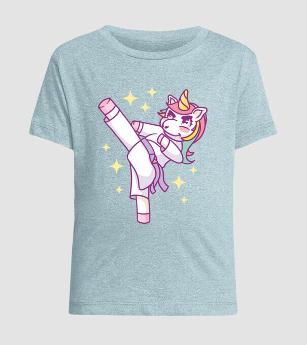Karate unicorn model albastru deschis pe tricou
