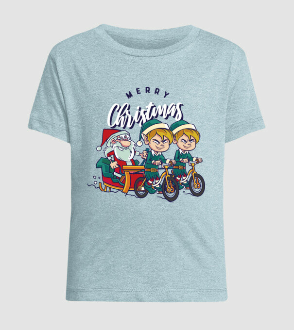 Merry Christmas Moș Crăciun cu sanie cu bicicletă model albastru deschis pe tricou