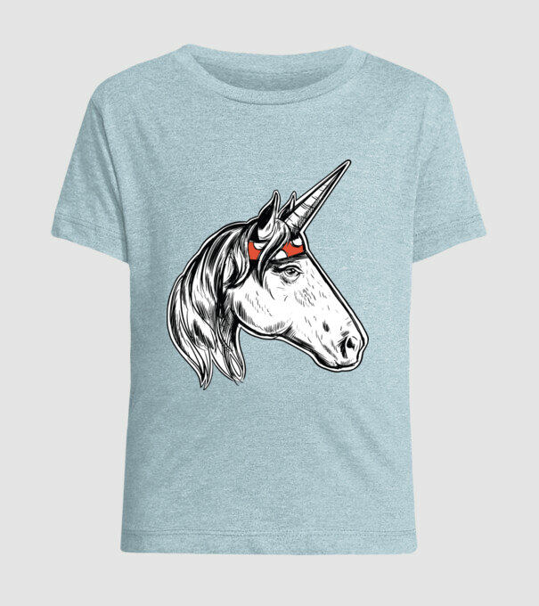 Cal Unicorn model albastru deschis pe tricou